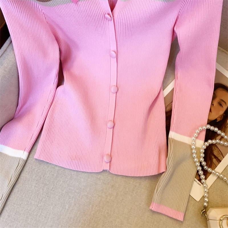  Cardigan ajusté doux en tricot, Style Blazer rose élégant, col contrasté, vêtements de bureau po