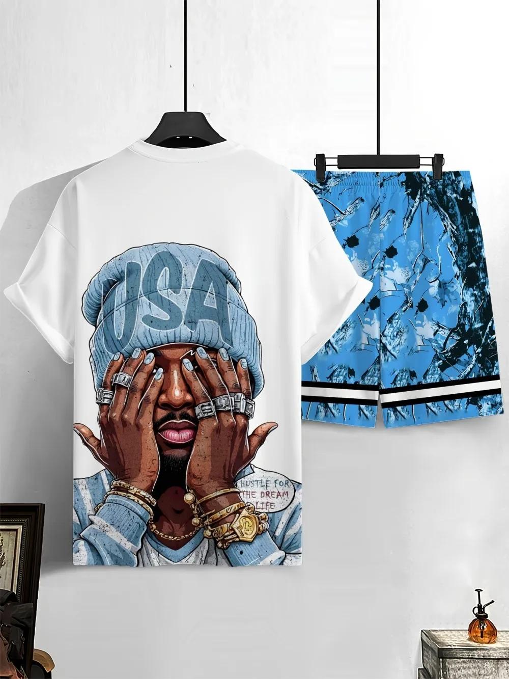 Ensemble T-shirt à col rond et short à cordon pour homme, motif lettres USA, confortable et respiran