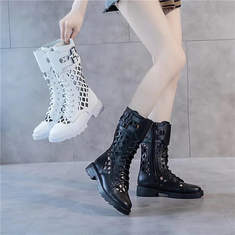 Bottes d'été en maille noire creuse pour femmes, talon moyen, grandes bottes cool, sandales européen