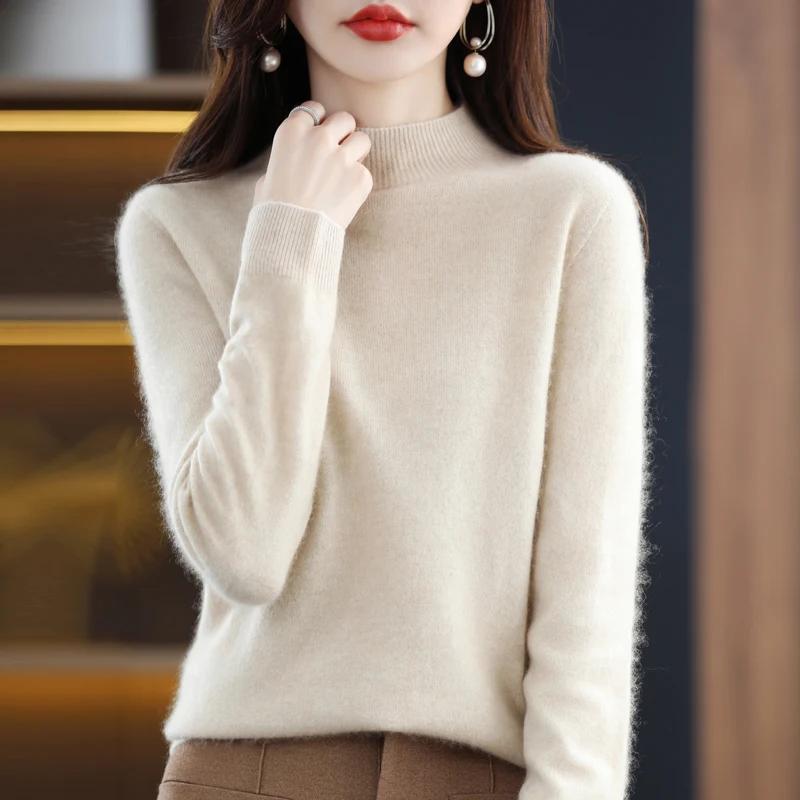 Pull en cachemire 100% laine mérinos pour femme, pull à manches longues et col semi-haut, nouveau pu