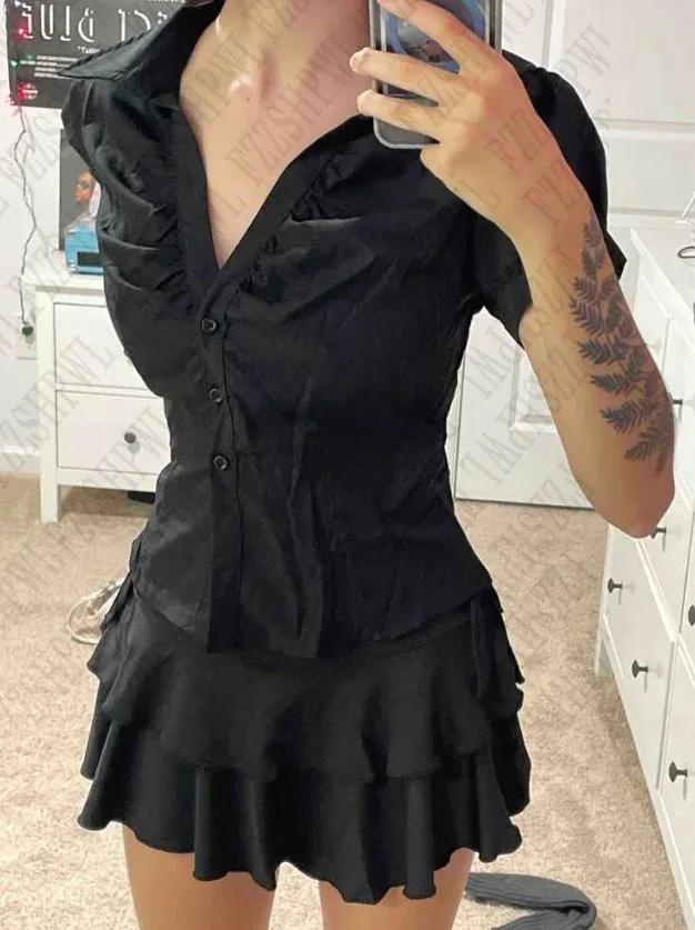 Vintage esthétique femmes personnalité Y2K mince vêtements mode chemises Harajuku à manches courtes