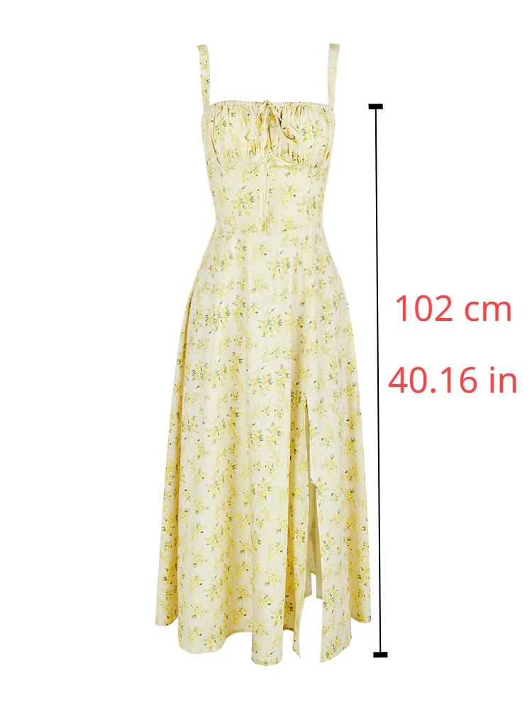 Suninheart-Robe mi-longue à bretelles spaghetti pour femme, robe à imprimé floral jaune, robe fendue