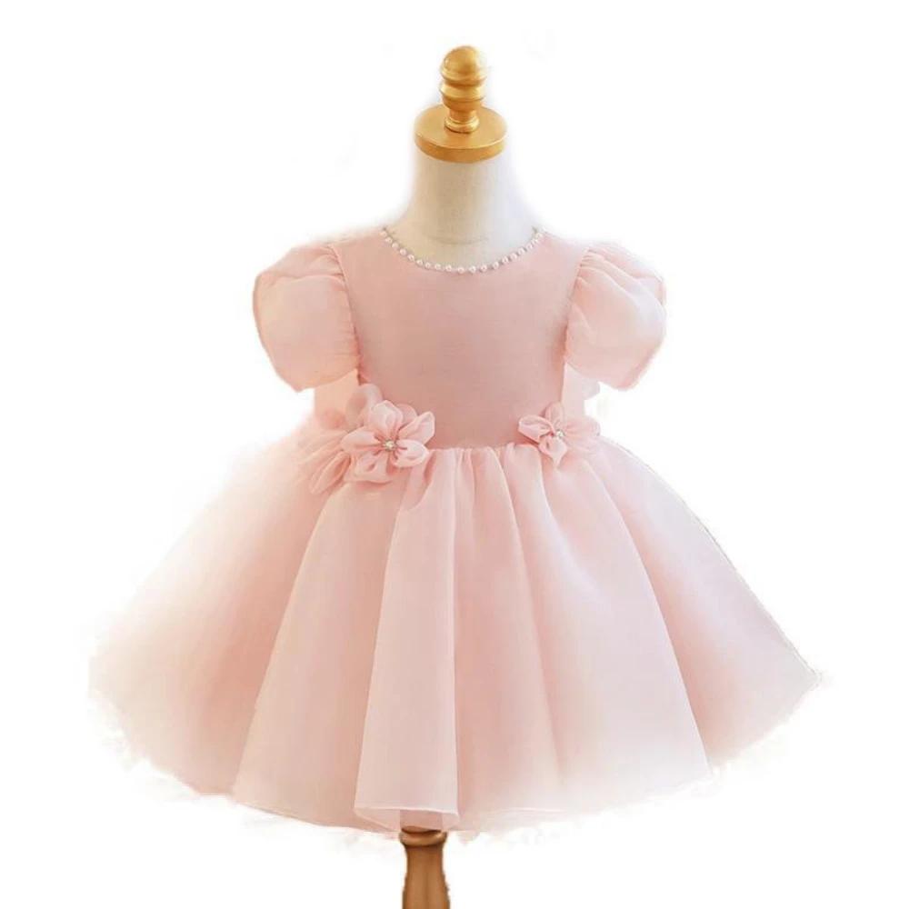 Robe de Rhen tulle rose à manches bouffantes pour filles, robes de princesse à fleurs 3D mignonnes,