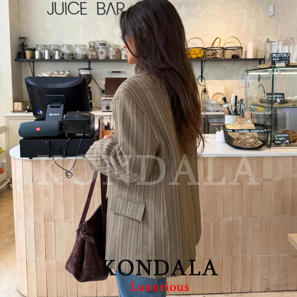 KONDALA Blazer Chic à Carreaux pour Femme, Coupe Oversize, Bouton Unique, Fente Avant, Tendance Prin