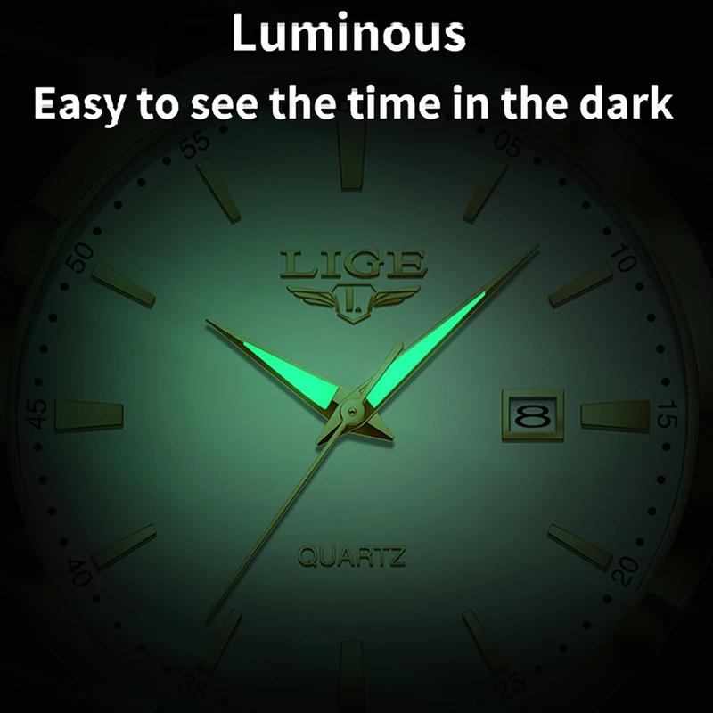 Montre LIGE en cuir marron pour homme, style militaire, sport, quartz, décontractée, étanche, chrono
