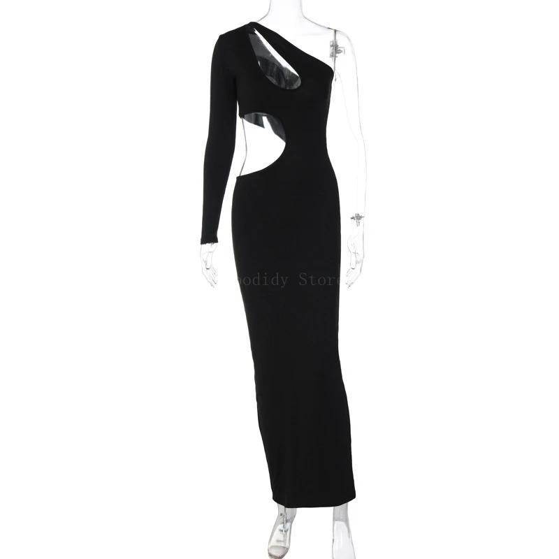 Robe longue sexy à épaules dénudées avec ourlet irrégulier, design évidé, devant rond, document soli