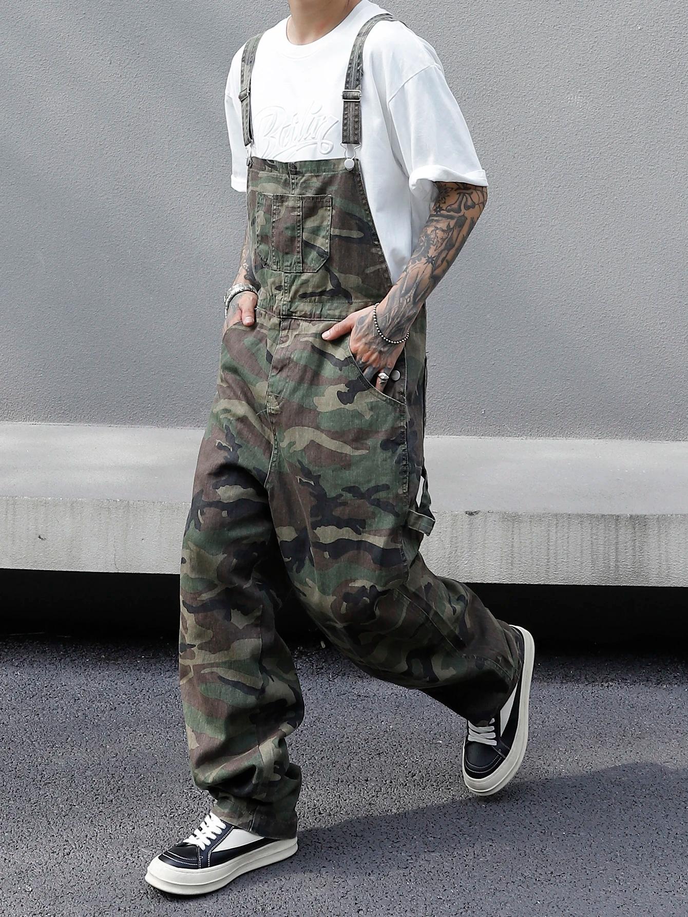 Salopette en jean imprimé camouflage multi-poches pour hommes – Coton, non élastique, lavable en mac