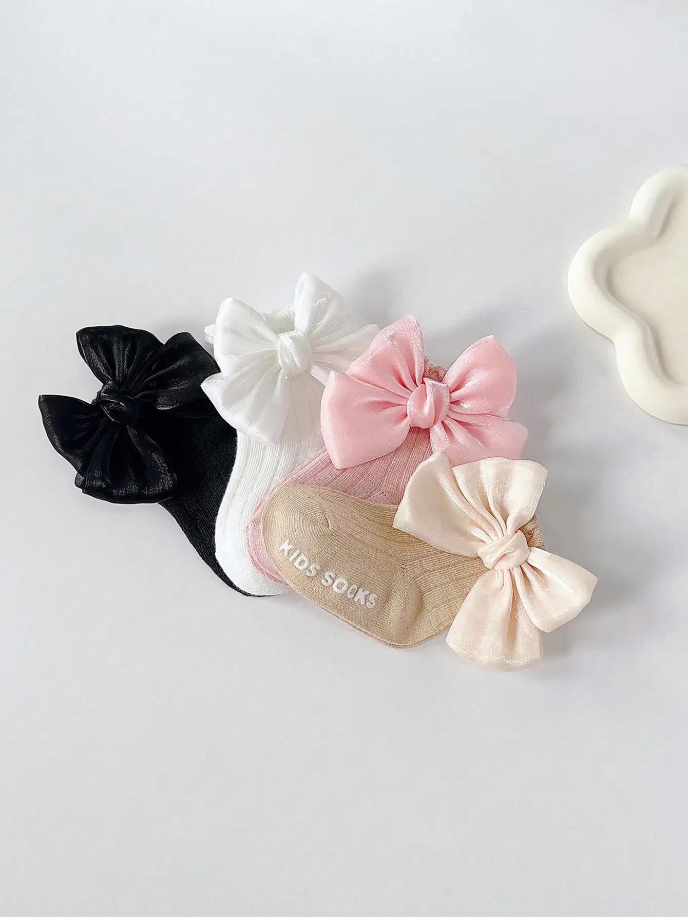 4 paires de chaussettes de sol antidérapantes avec nœud pour bébé, chaussettes d'apprentissage douce
