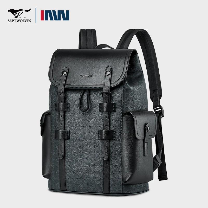Septwolves haute qualité affaires imprimé sac à dos en cuir homme concepteur cordon Flip monogramme