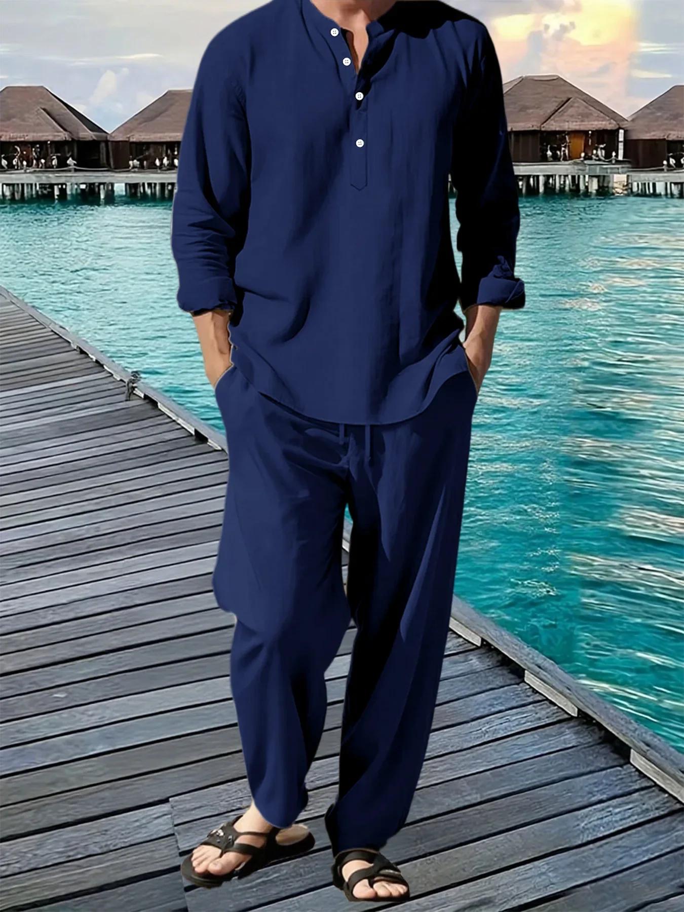Costume chemise et pantalon pour hommes, respirant, plage, vacances hawaïennes, ensemble décontracté
