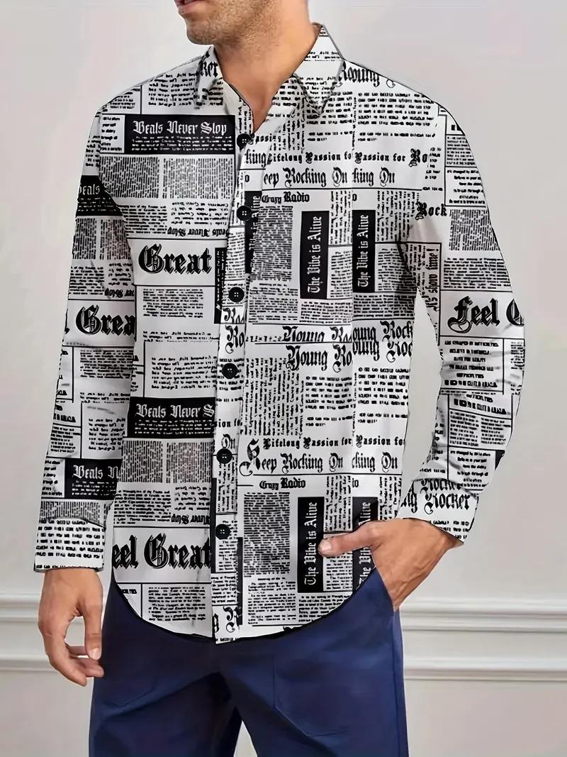 Chemises à manches longues pour hommes, imprimé en 3D, motif de journal, chemises à col roulé, à la