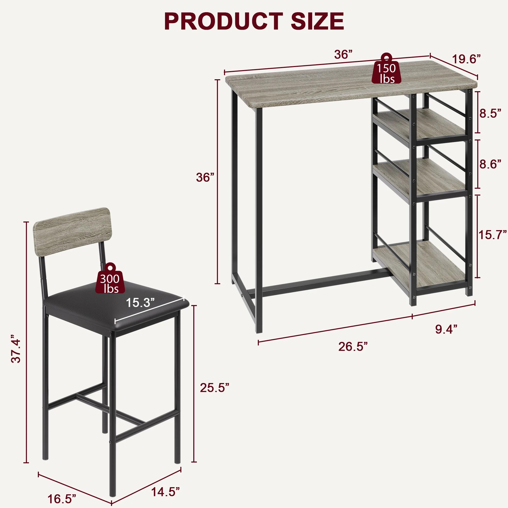Ensemble de table à manger avec étagères à 3 niveaux, ensemble de table de cuisine de bar avec 2 cha