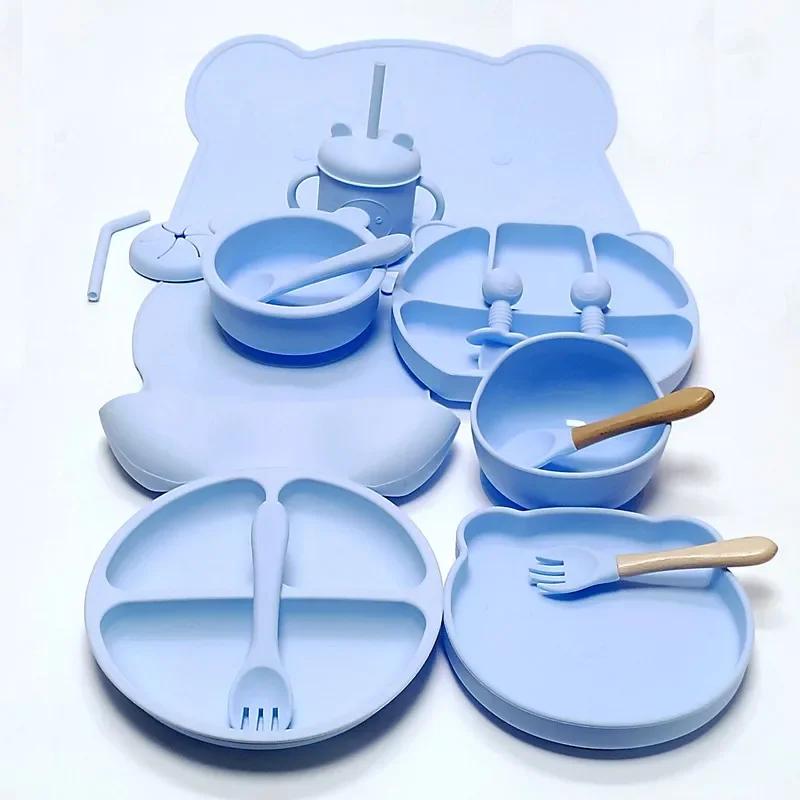Ensemble d'ustensiles en silicone pour enfants, ensemble d'assiettes queplate, ventouse complémentai