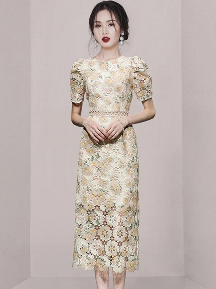 SMTHMA-Robe ajourée en dentelle brodée pour femme, manches courtes, vêtements féminins élégants, nou