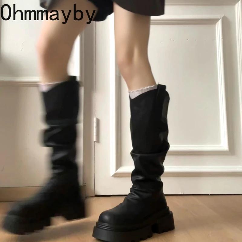 Automne hiver plate-forme fond épais femmes bottes longues mode sans lacet chaussures Vintage dames