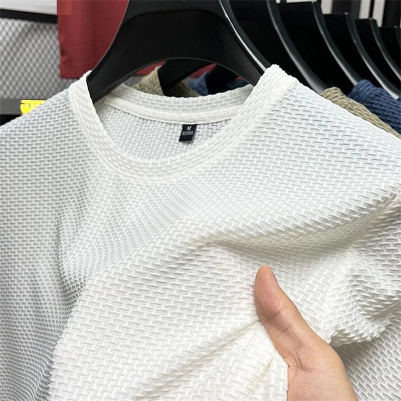 T-shirt d'été en maille et soie glacée pour hommes, manches courtes, col rond, demi-manches, fin, co