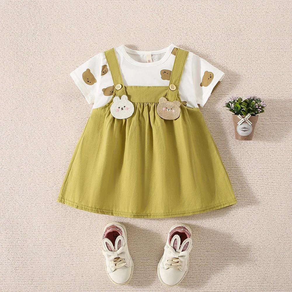 Robe d'été en coton pour petites filles, imprimé ours en peluche, manches courtes, fausse robe à bre