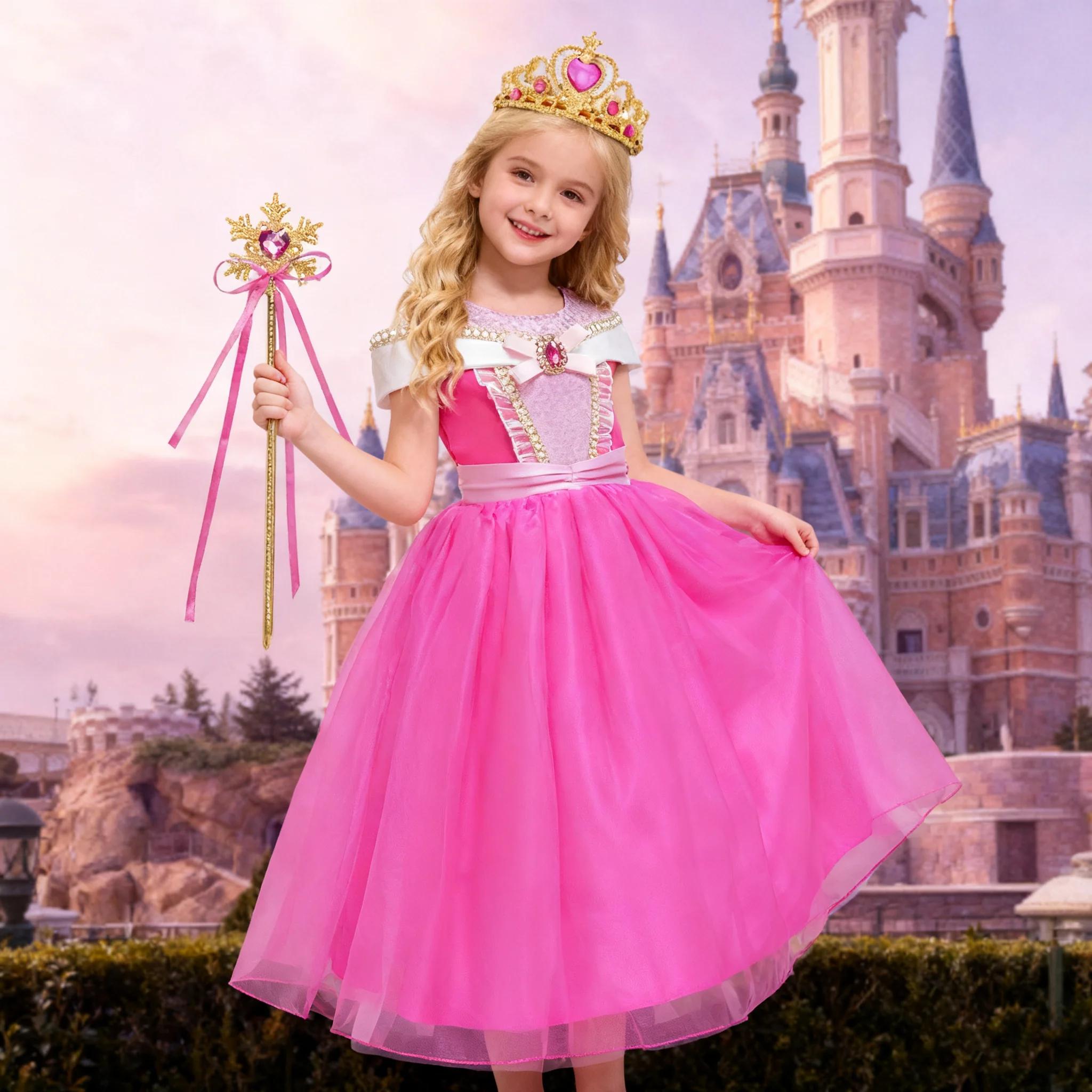 Robe rose pour filles, Costume de Cosplay aurore pour enfants, tenue de princesse de luxe, robe de b