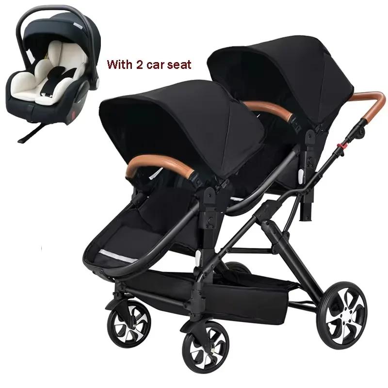 Poussette bébé jumeaux 3 en 1 avec siège auto, landau double pour enfants, panier de couchage détach