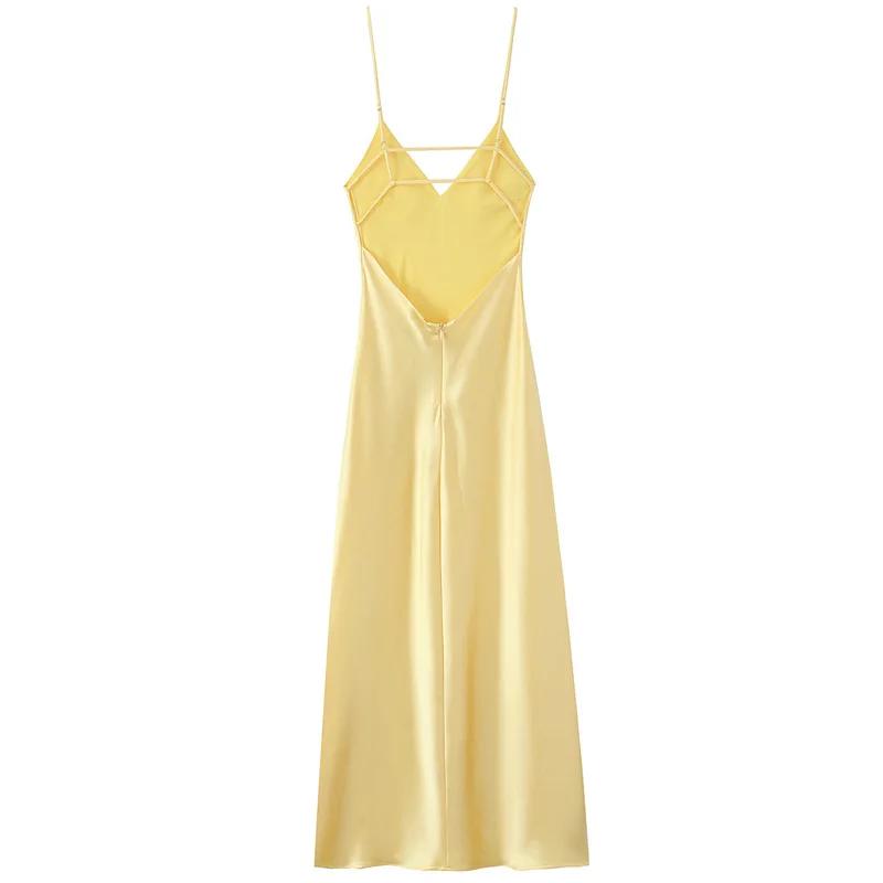HXAO femmes jaune robe d'été 2025 femme Satin col en v robes de soirée élégante soirée sans manches