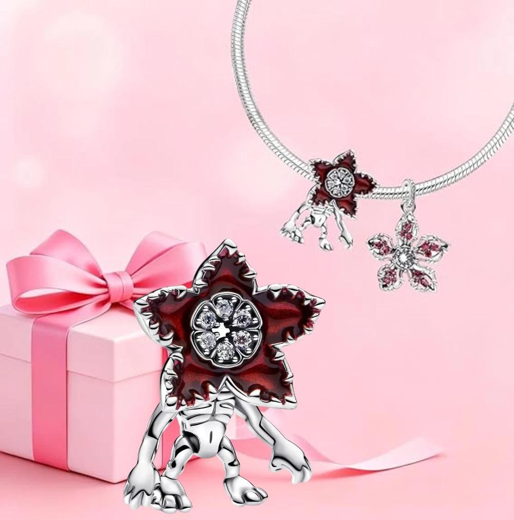 Bracelet à breloques Fleur Monstre Rouge en Argent 925, Réglable, Hypoallergénique, Tendance 2026, B