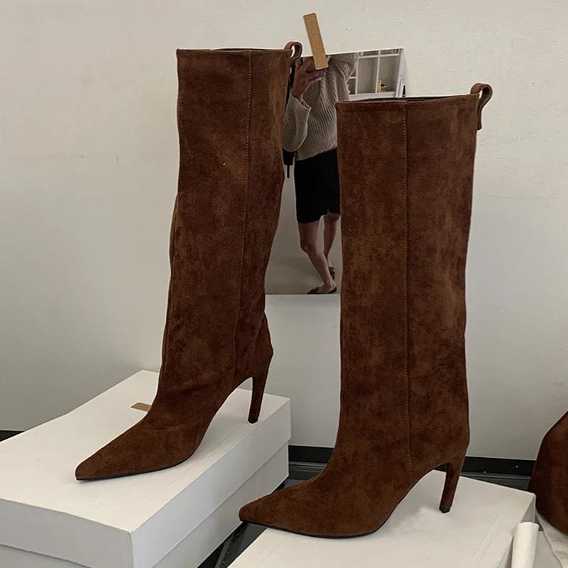 Liyke automne hiver mode mince genou bottes hautes femmes Sexy bout pointu bas talon mince chaussure
