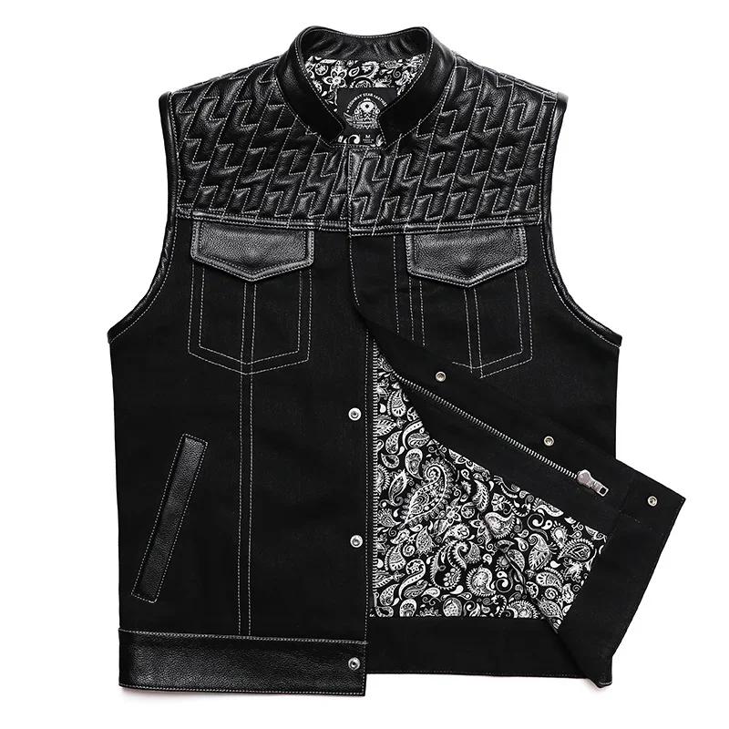 SOA-Gilet de motard en cuir de vachette pour homme, veste en cuir de moto, veste en jean patchwork,