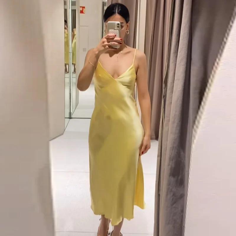 HXAO femmes jaune robe d'été 2025 femme Satin col en v robes de soirée élégante soirée sans manches