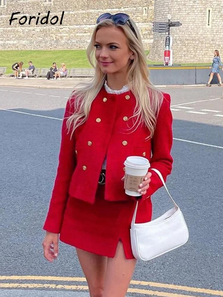 Foridol-Blazer court à double boutonnage et jupe à col rond pour dames, ensembles de bureau, rouge,