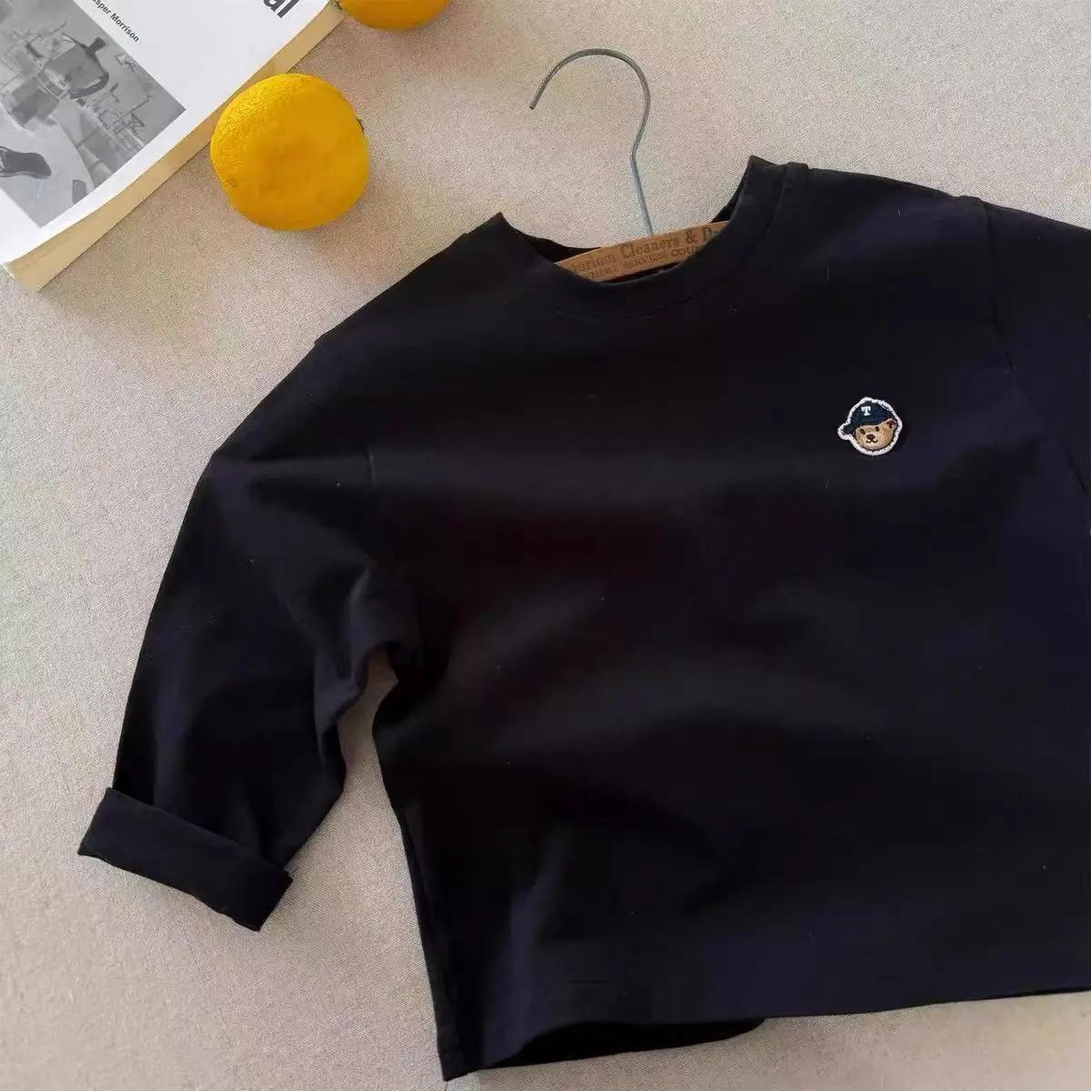 T-shirt à manches longues pour enfants, chemise de base respirante en pur coton, chemise de base ray