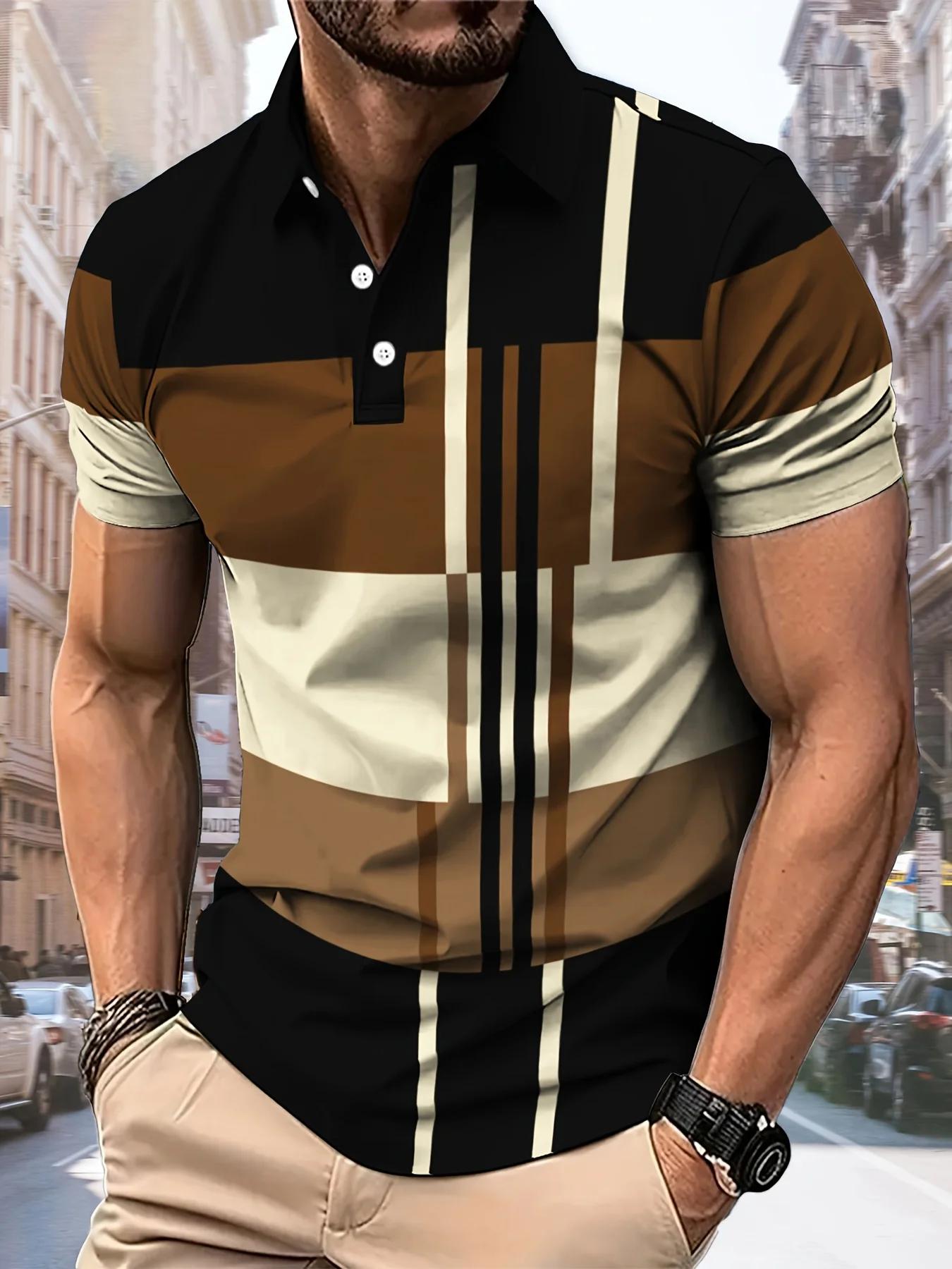 La nouvelle chemise POLO pour hommes d'été 2025 présente une impression de motifs rayés 3D décontrac