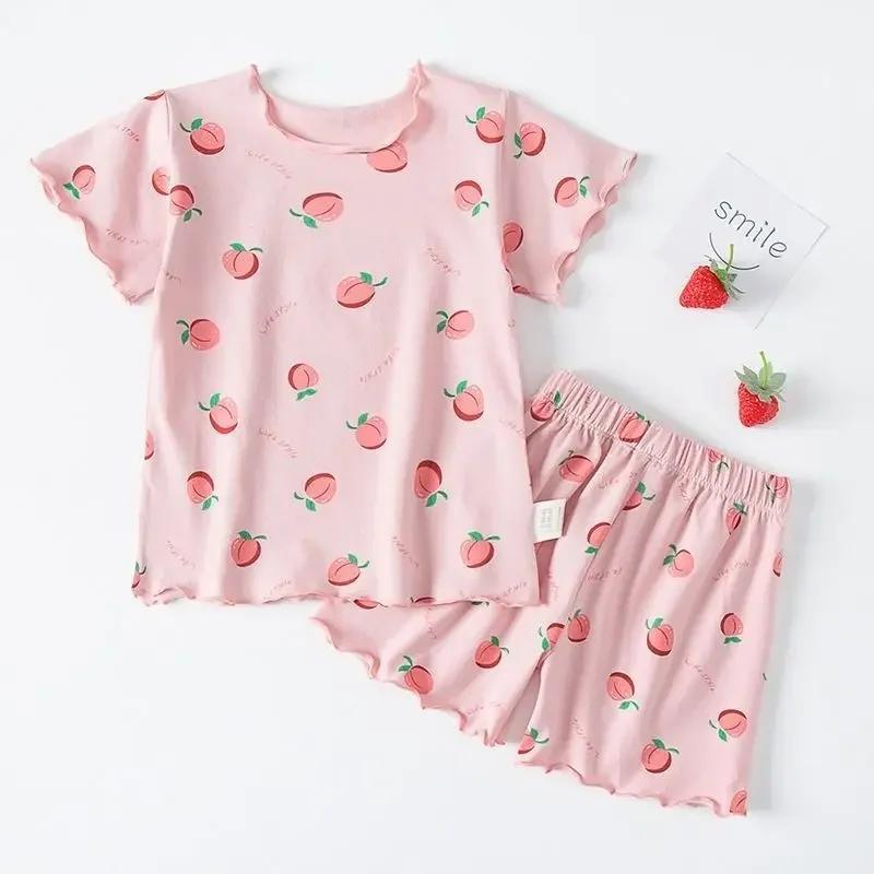 Ensemble pyjama d'été pour filles, imprimé fraises, short et t-shirt pêches roses, vêtements d'intér
