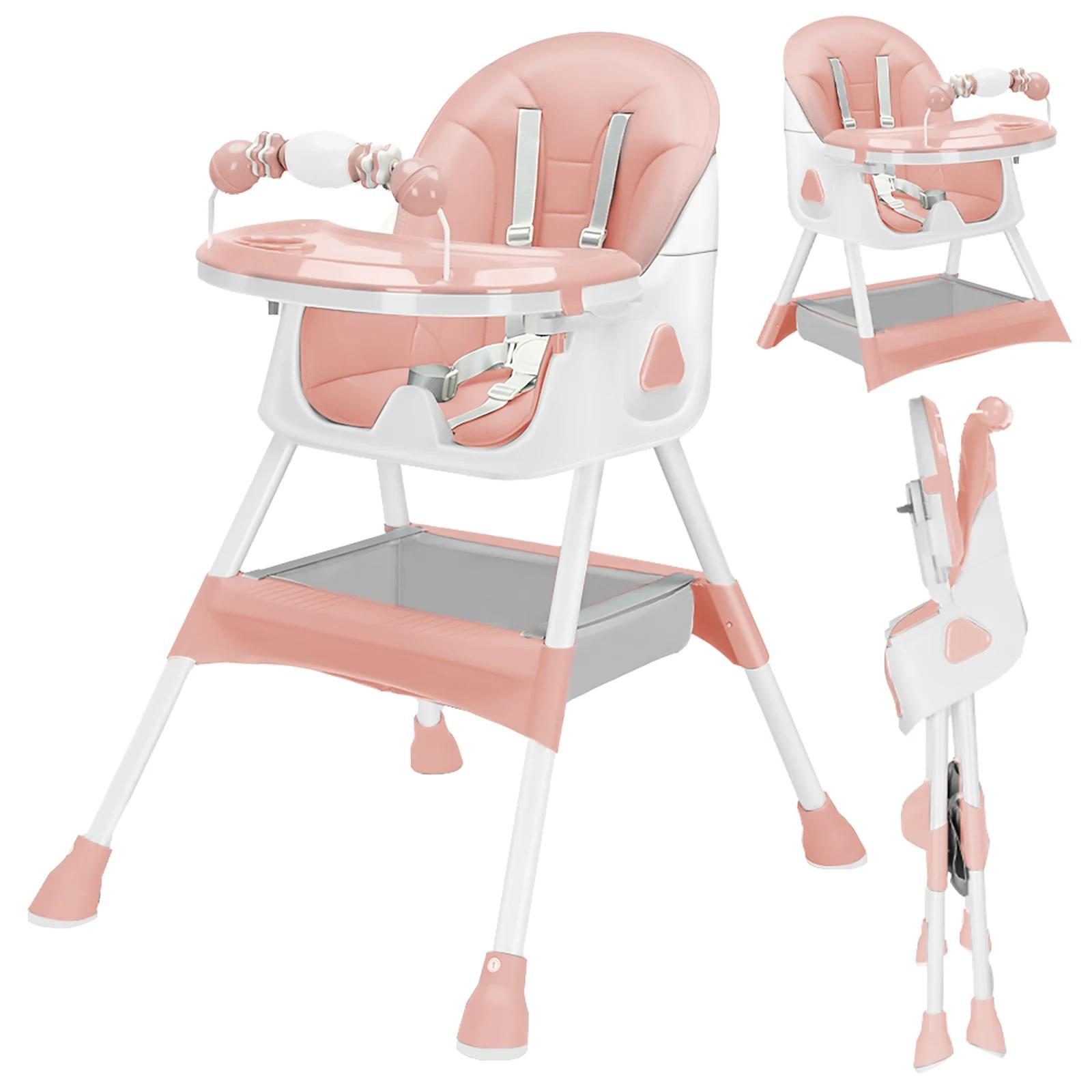 Chaise haute bébé 3 en 1 pliable et réglable - Plateau amovible et ceinture sécurité - Repose-pieds et roues