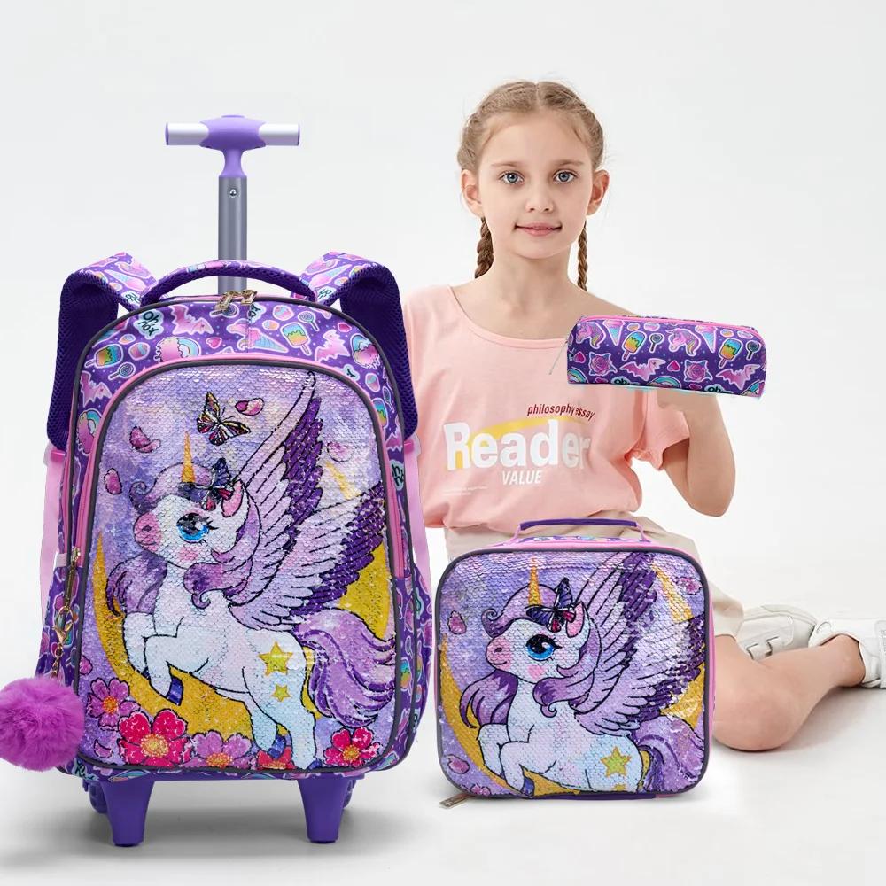Ensemble de 3 sacs à dos roulants pour filles, sacs à roulettes avec motif de lune et de licorne de