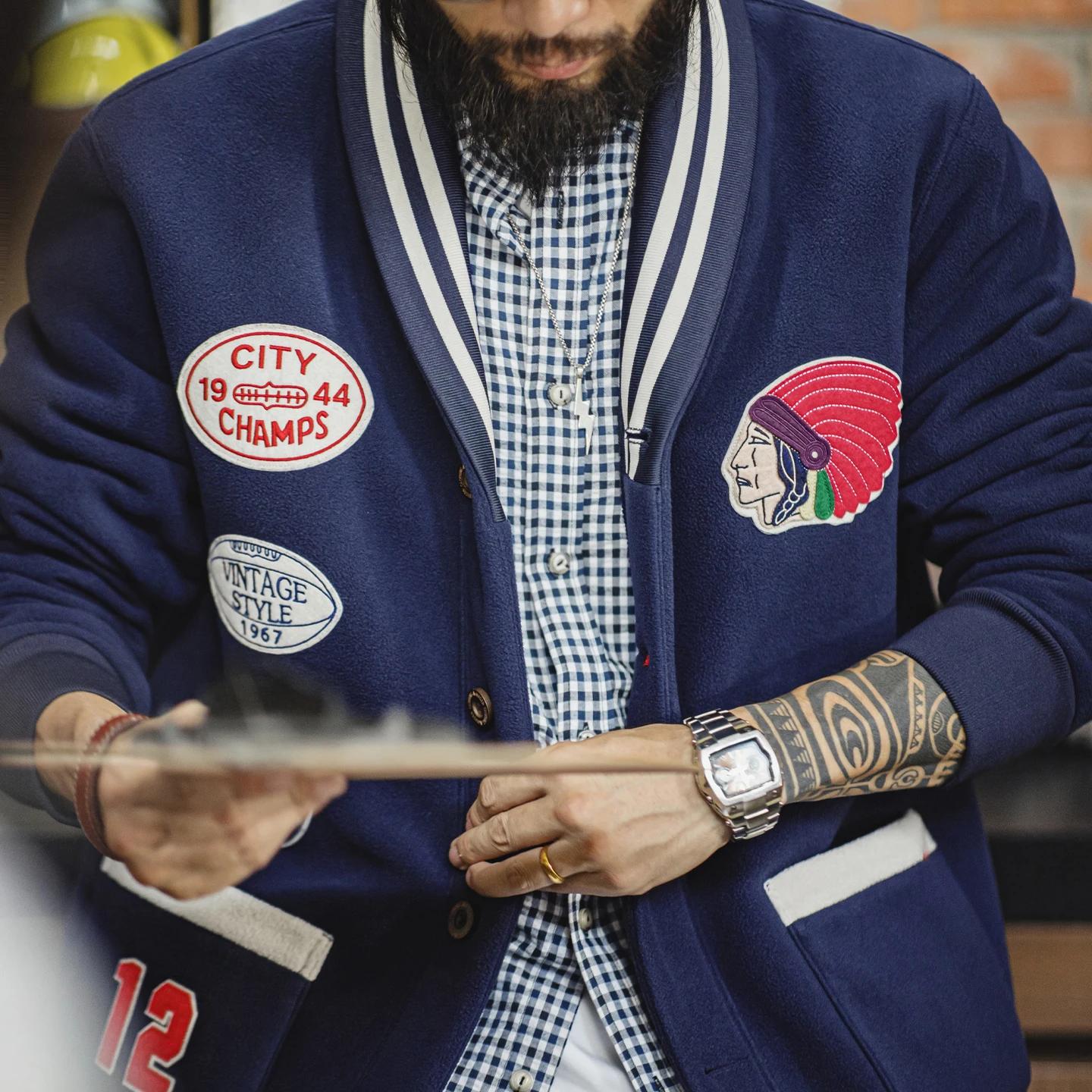 Maden Vintage Veste de baseball en polaire pour homme avec col châle et badge brodé pour l'automne e