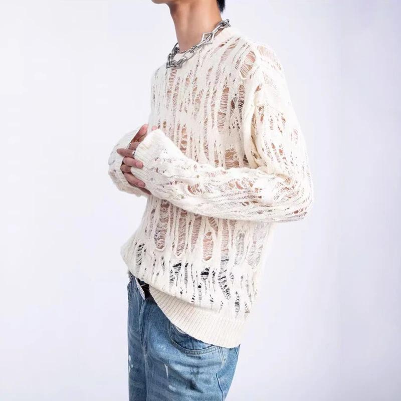 Vintage déchiré évider maille tricot pull hommes automne Streetwear mode col rond à manches longues
