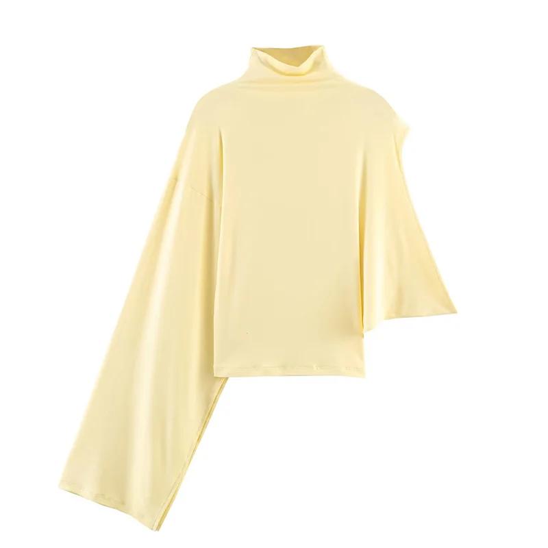 Haut asymétrique plissé décoratif jaune à col montant et manches courtes pour femme, nouvelle collec