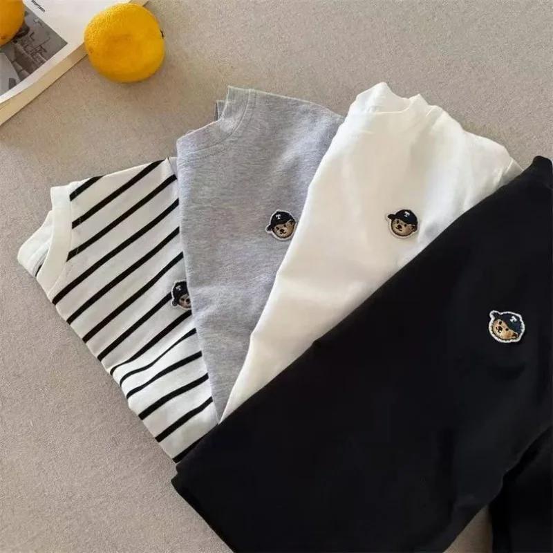 T-shirt à manches longues pour enfants, chemise de base respirante en pur coton, chemise de base ray