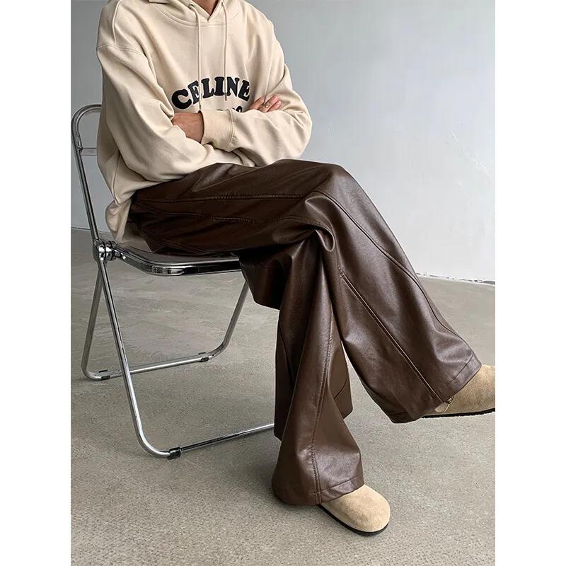 Pantalons en cuir PU pour hommes, Punk américain, mode Hip Hip, jambes larges, coupe-vent, marron fo
