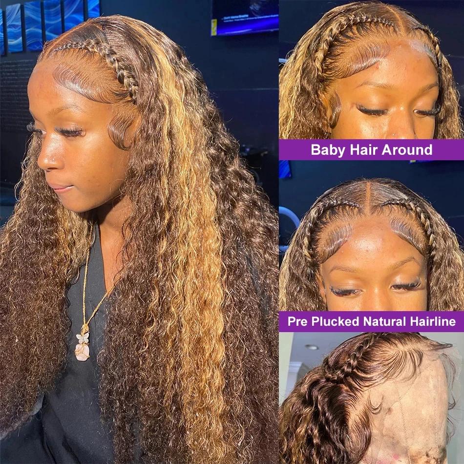 Perruque Lace Front Wig Naturelle Bouclée, Cheveux Humains, Deep Water Wave, 13x4, à Reflets Brun Mi