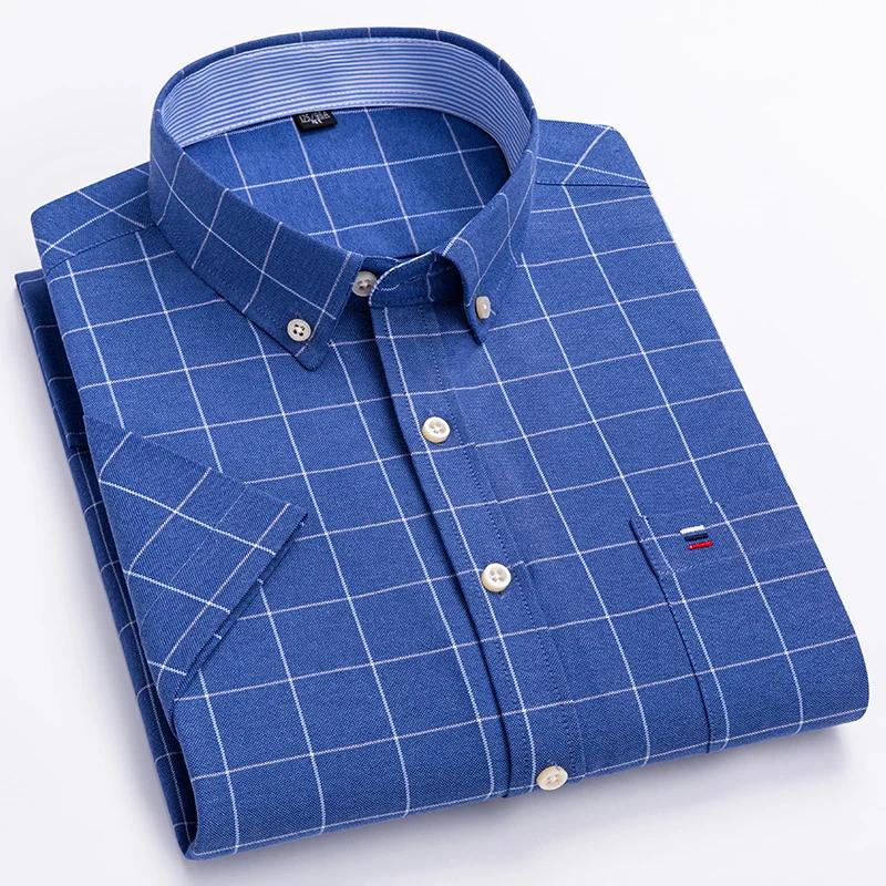 Chemises Oxford à manches courtes pour hommes, 100% pur coton, à carreaux, doux, coupe régulière, ro