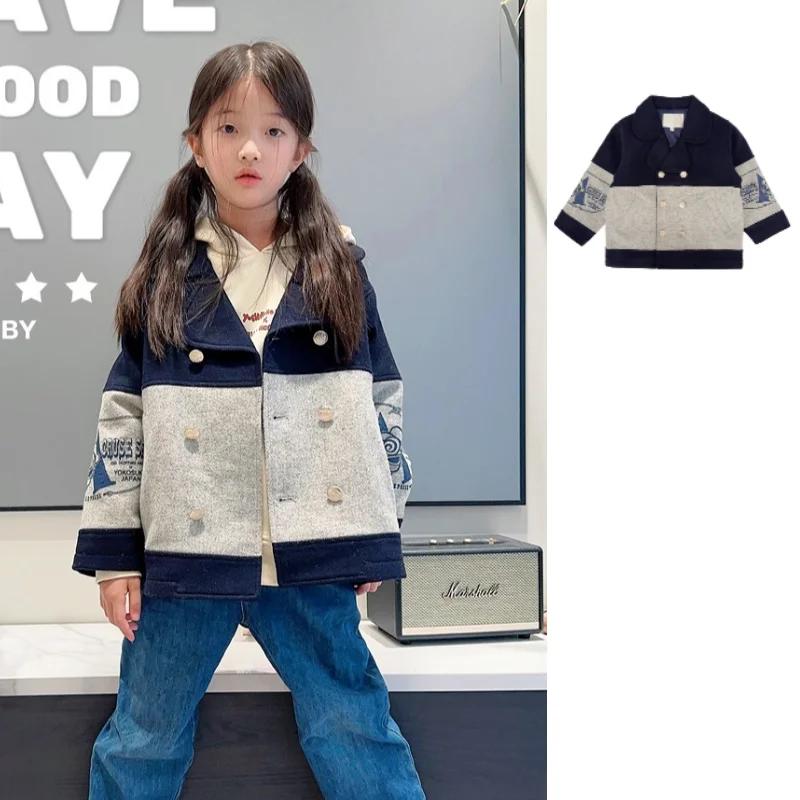 Manteau pour filles 2025 hiver nouveau gris épissage à la mode épaissi manteau de laine pour enfants