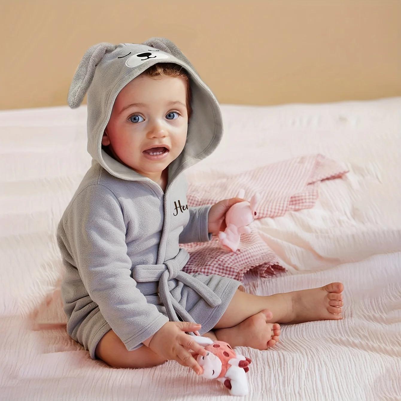 Serviette pour bébé à capuche avec ours brodé avec nom personnalisé | Peluche douce 74-84cm pour 1