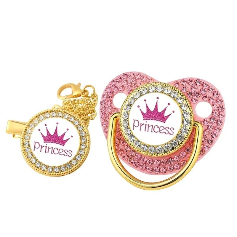 Clips de chaîne de sucette de bébé en strass de luxe avec couvercle, sucette couronne de princesse P
