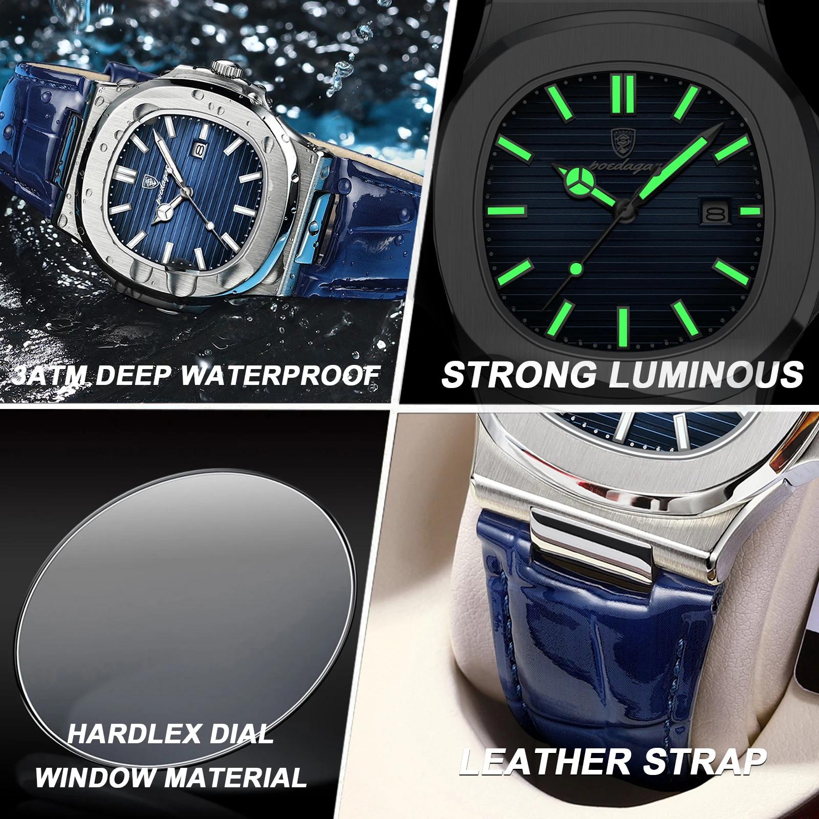 POEDAGAR Top carré homme montre Date étanche lumineux luxe hommes montre-bracelet de haute qualité e