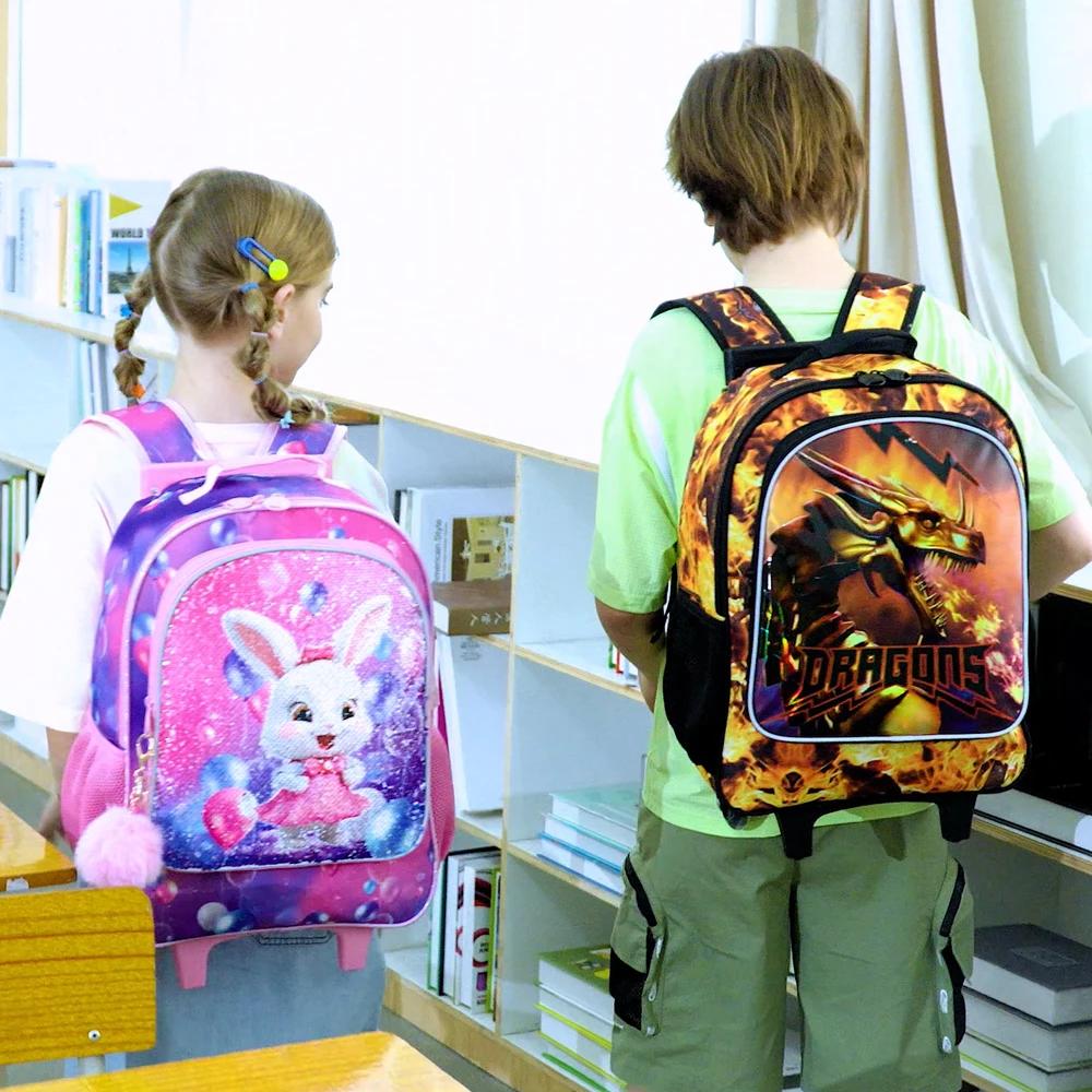Sac à dos à roulettes Dragon 3 pièces pour garçons, sacs à dos d'école pour enfants avec roulettes,