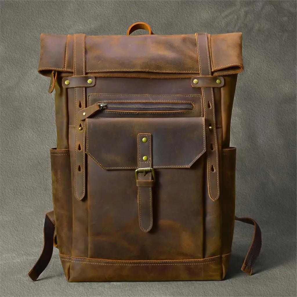 Sac à dos rétro en cuir véritable pour hommes, grand sac de randonnée, sac à dos de voyage en cuir d
