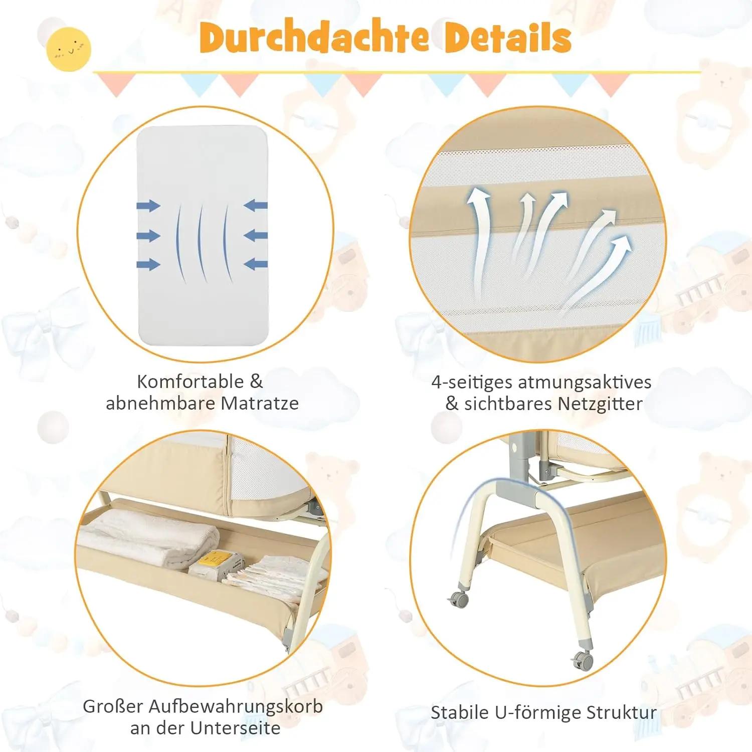 Lit bébé 4-en-1 avec moustiquaire, berceau d'appoint, lit bébé et berceau de voyage avec matelas, 6