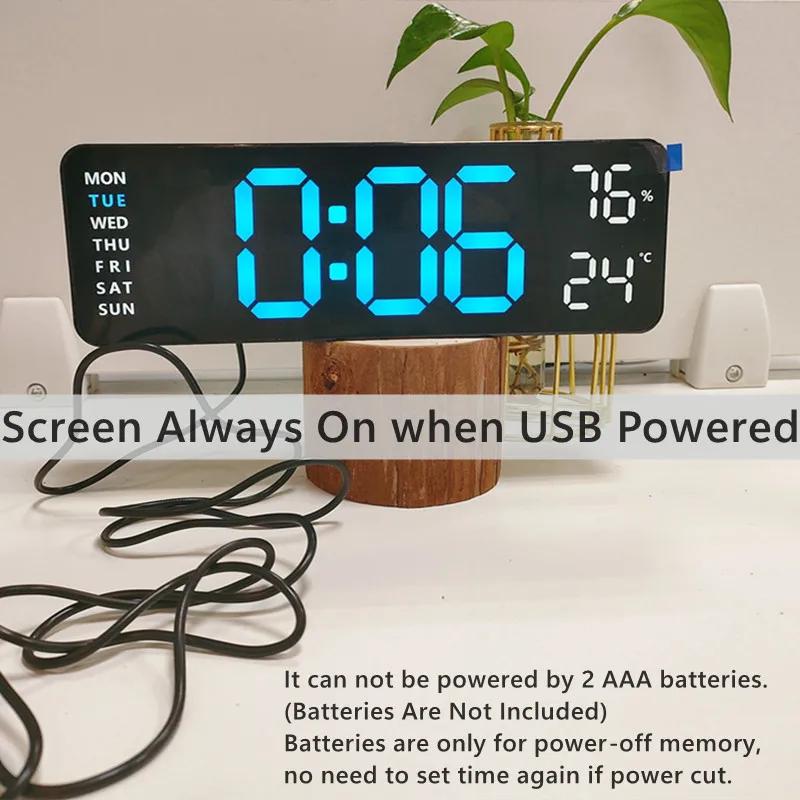 Grande horloge murale numérique de 9 pouces, alimentée par USB, température et humidité, variateur a