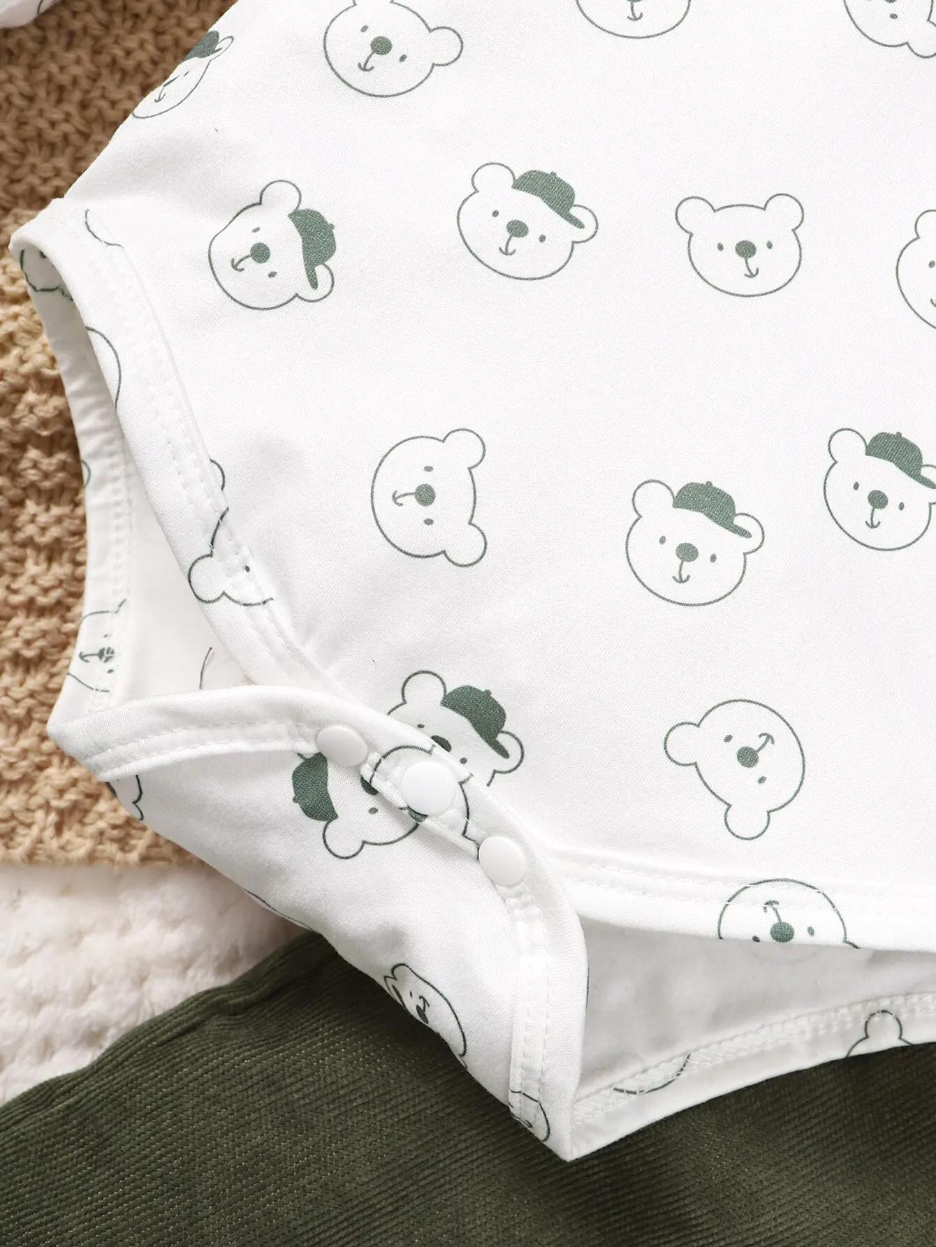 Ensemble vêtements bébé petit ours college - Haut manches longues pantalon bretelles vert blanc 3-24 mois